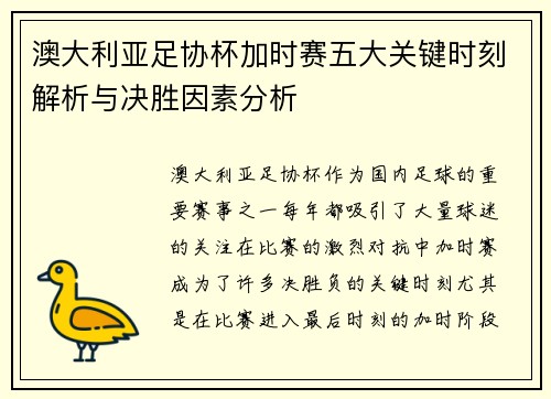 澳大利亚足协杯加时赛五大关键时刻解析与决胜因素分析